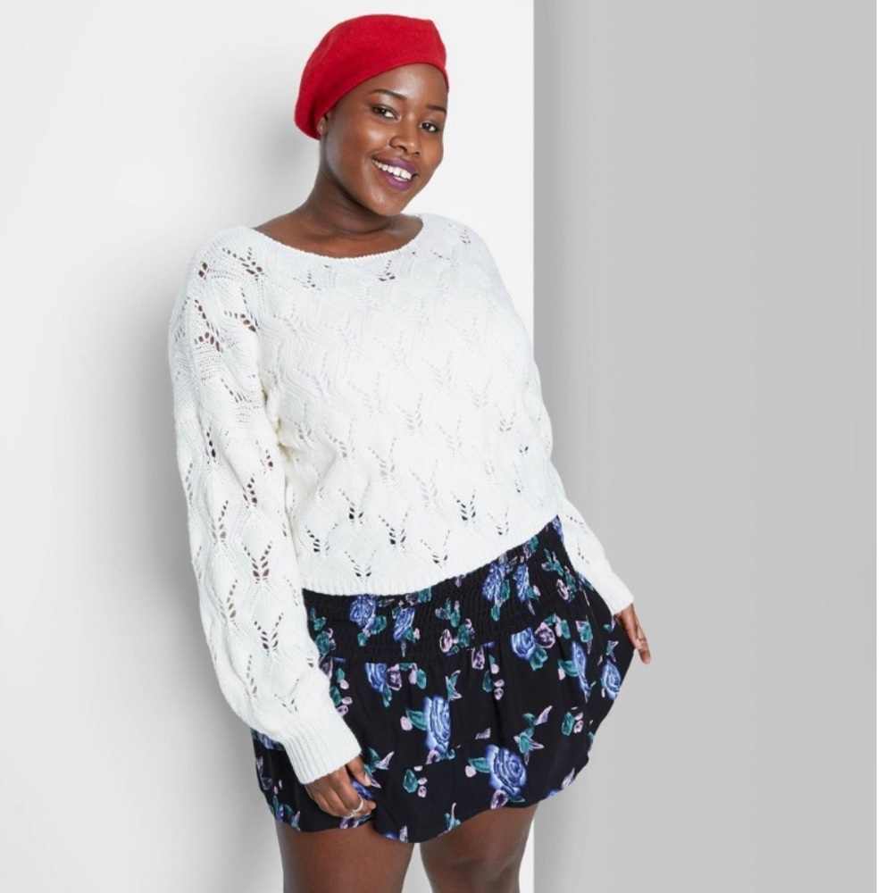 Wild Fable Plus Size Boat Neck Pointelle Knit Pullover Sweater in White